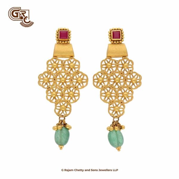 Fancy Circle Red Stone Model 22K Gold Drop Stud