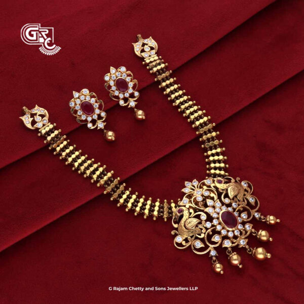 Gold Beads Kamalam Ruby Stone Luxury Stud and Necklace Gold Beads Kamalam Ruby Stone Luxury Stud and Necklace
