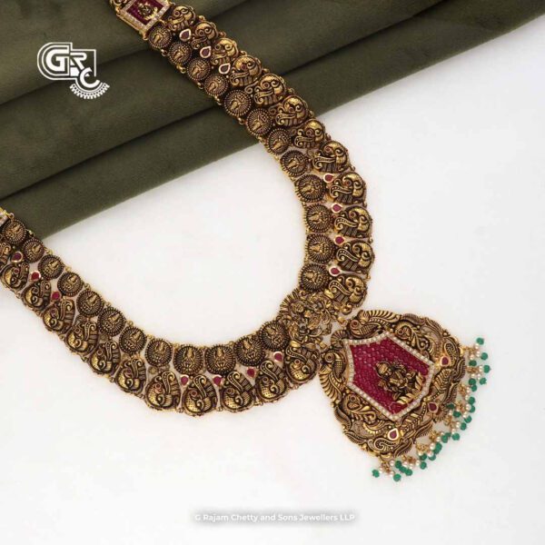 Antique Lakshmi Peacock Floral Green Beads Traditional Haram Antique Lakshmi Peacock Floral Green Beads Traditional Haram