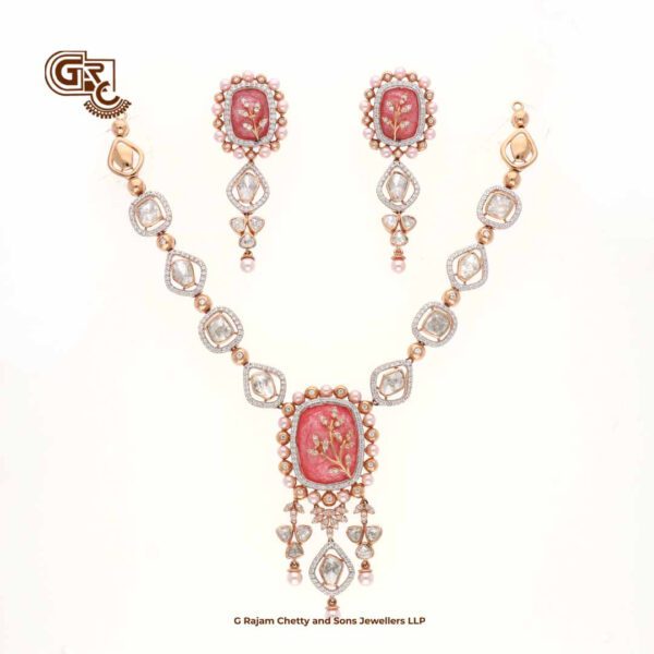 Elegant Glitter Stone Pink Luxury 18K Necklace With Earring Elegant Glitter Stone Pink Luxury 18K Necklace With Earring