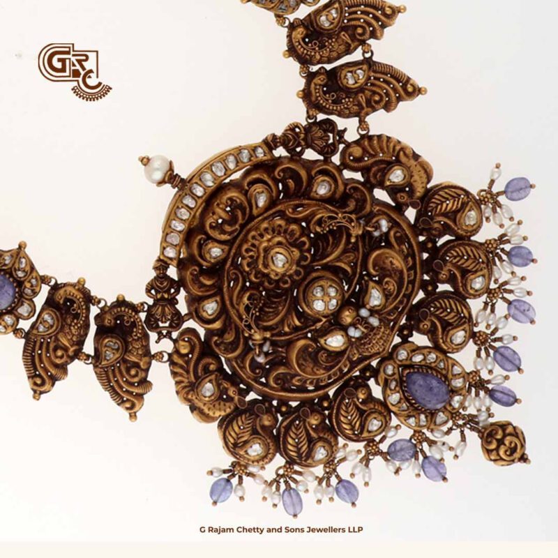 Antique Lakshmi Floral peacock Blue Beads Traditional Haram