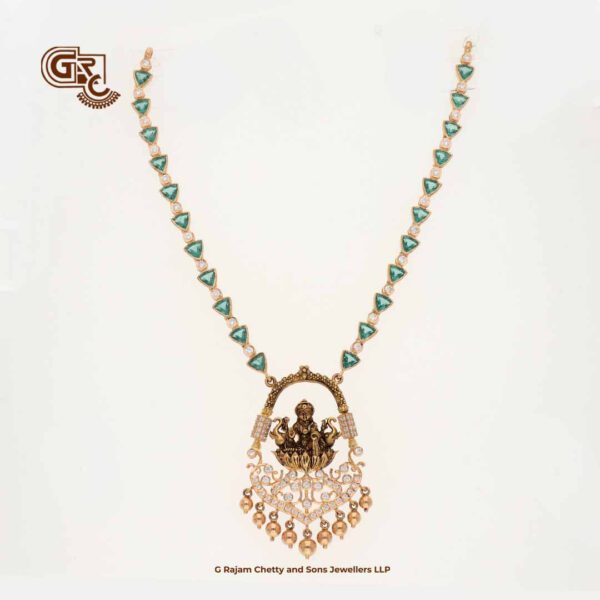 Antique Lakshmi Drops With Green Germs Stone Necklace Antique Lakshmi Drops With Green Germs Stone Necklace