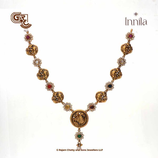 Antique Peacock Navarathna Stone Gold Plated Necklace Antique Peacock Navarathna Stone Gold Plated Necklace