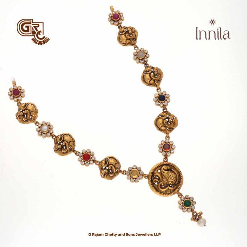 Antique Peacock Navarathna Stone Gold Plated Necklace