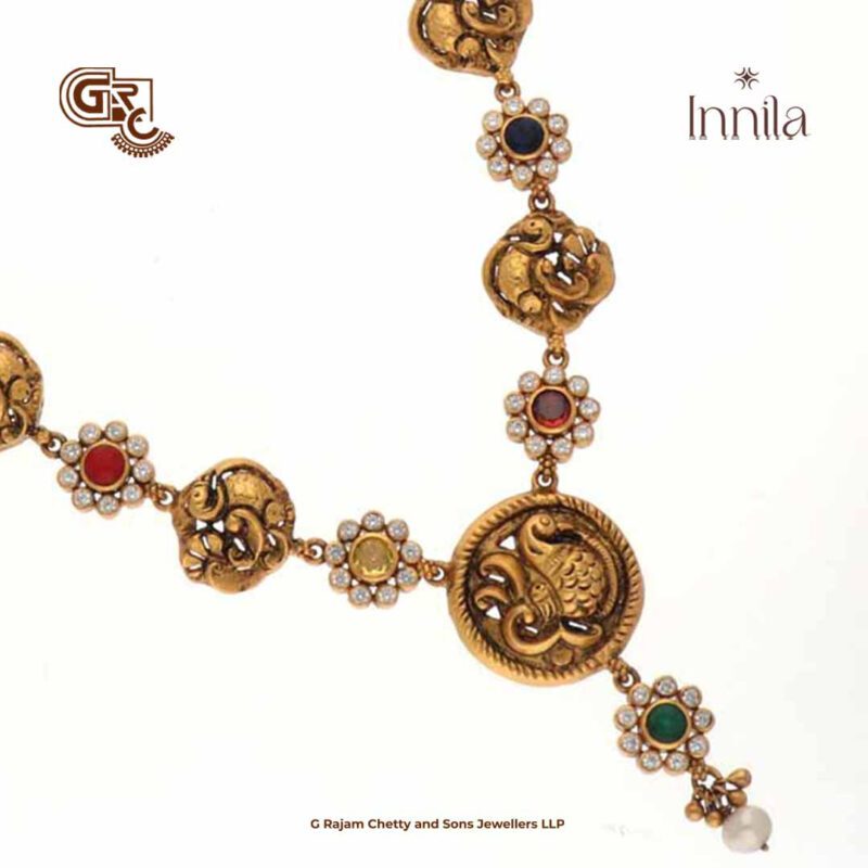 Antique Peacock Navarathna Stone Gold Plated Necklace