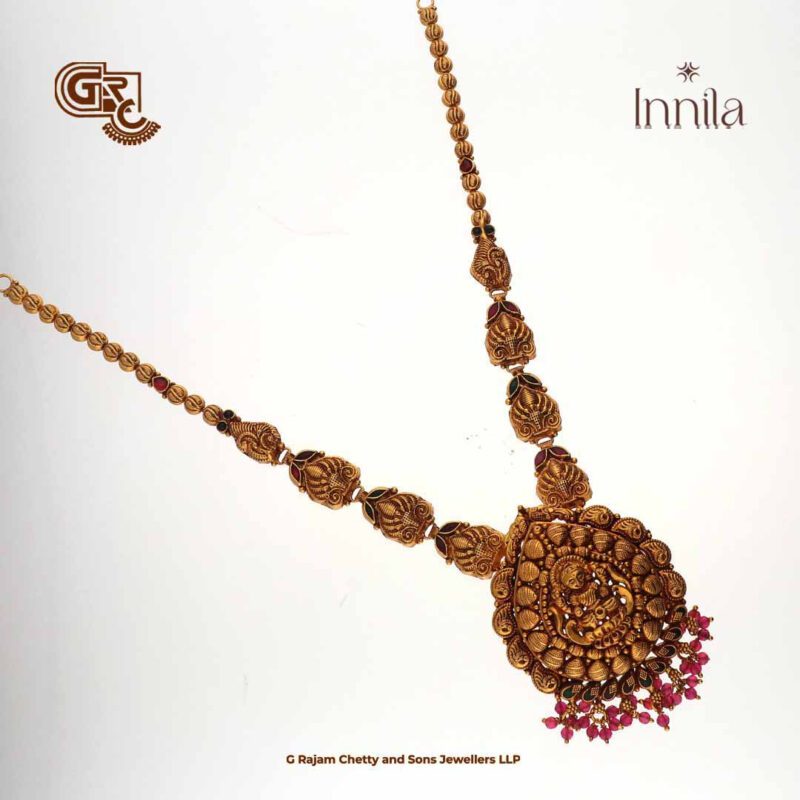 Antique Lakshmi Pink Beads Gold Plated Silver Necklace