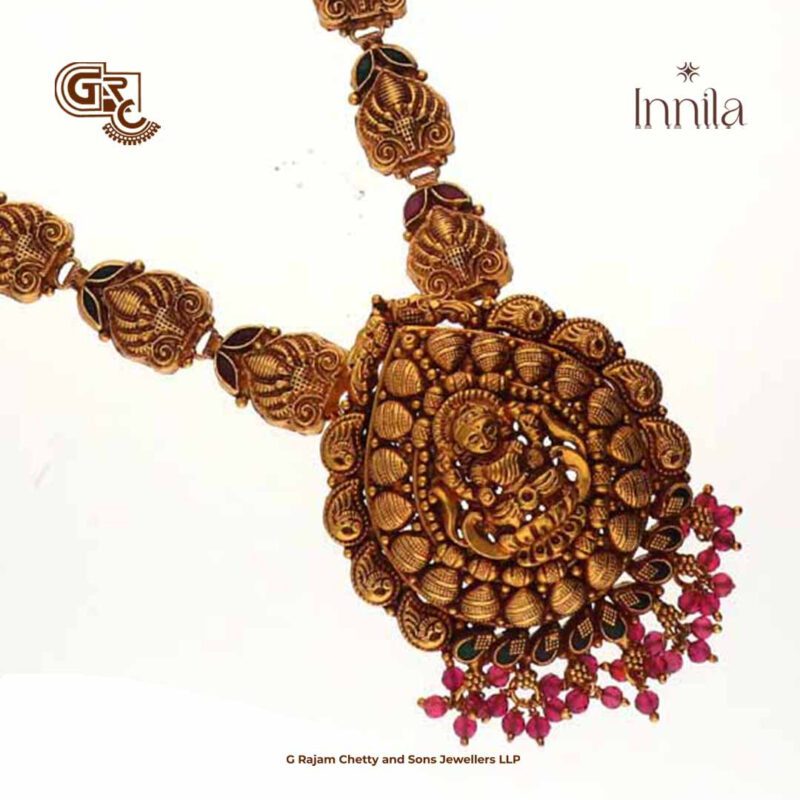 Antique Lakshmi Pink Beads Gold Plated Silver Necklace