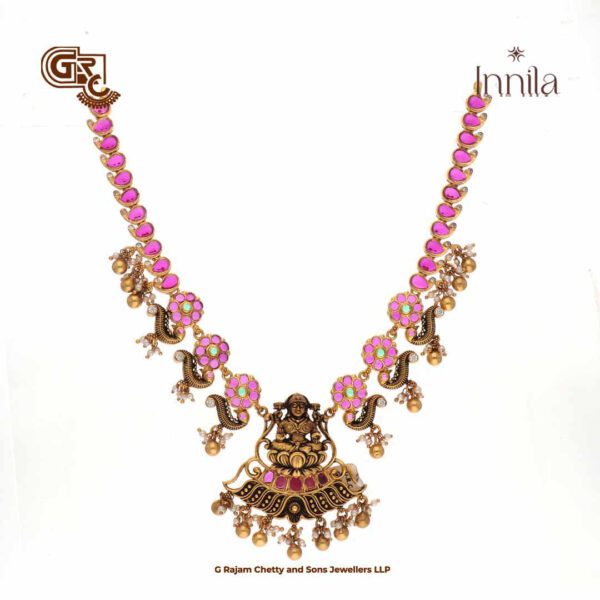Antique Lakshmi Floral Pink Stone Silver Necklace Antique Lakshmi Floral Pink Stone Silver Necklace