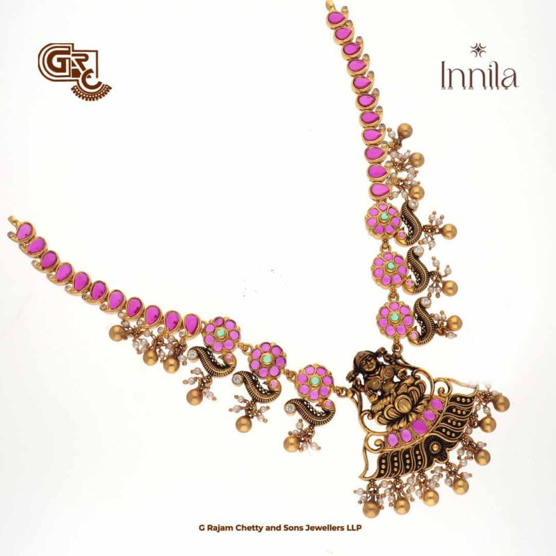Antique Lakshmi Floral Pink Stone Silver Necklace