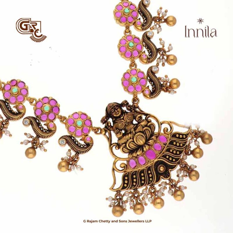 Antique Lakshmi Floral Pink Stone Silver Necklace