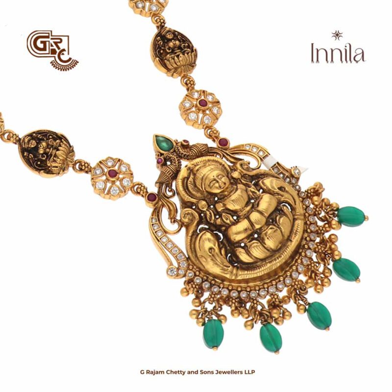 Antique Lakshmi Green Beads Gold Plated Silver Necklace