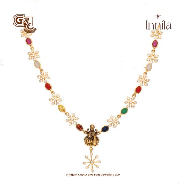 Navarathna Stones Lakshmi Antique Gold Plated Necklace Navarathna Stones Lakshmi Antique Gold Plated Necklace
