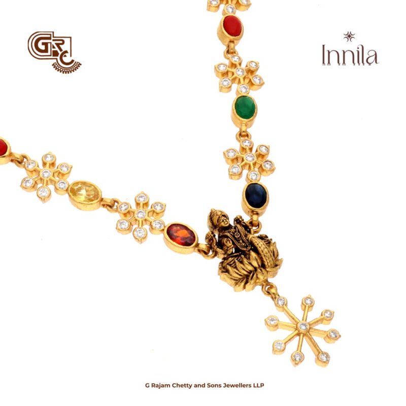 Navarathna Stones Lakshmi Antique Gold Plated Necklace