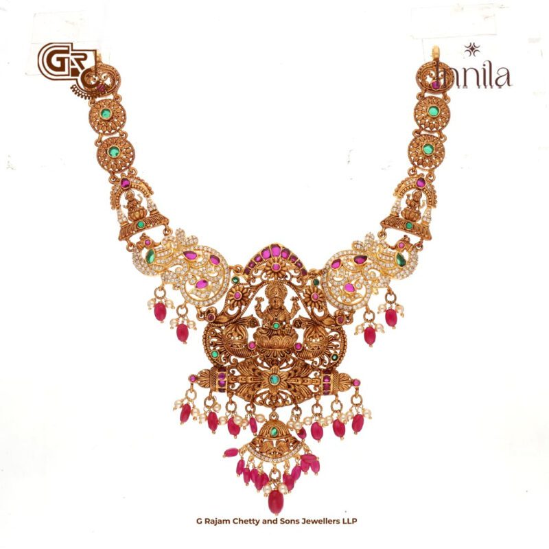 Antique Lakshmi Floral Ruby Beads Gold Plated Necklace