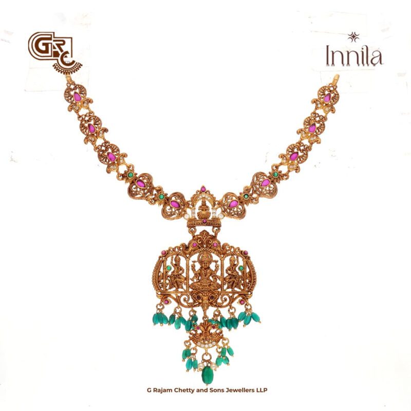 Antique Lakshmi Floral Green Beads Gold Plated Necklace