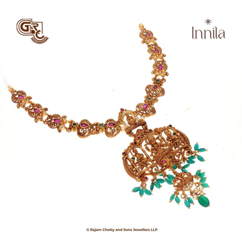 Antique Lakshmi Floral Green Beads Gold Plated Necklace