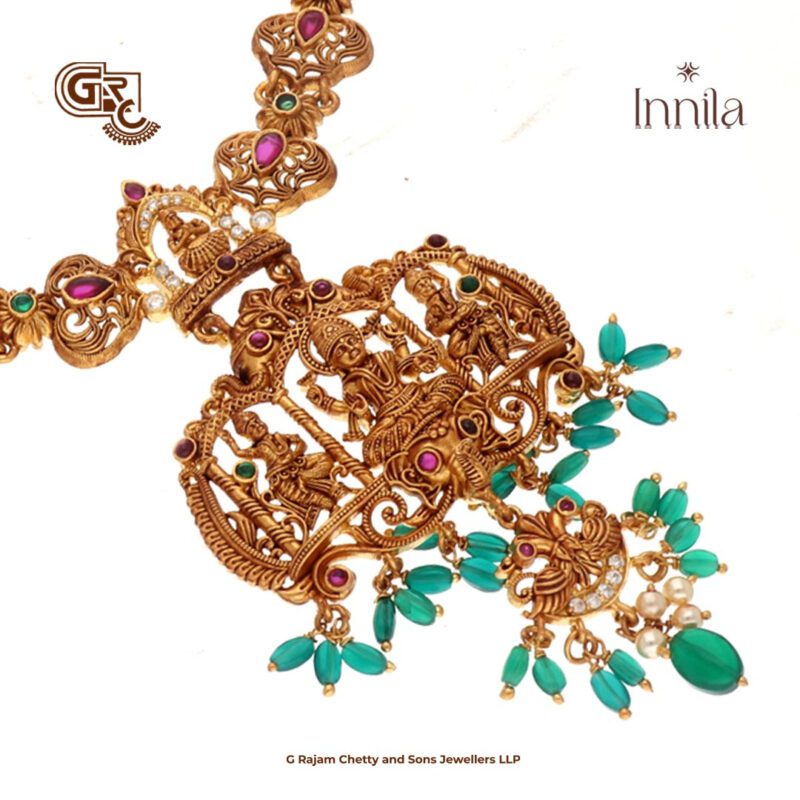 Antique Lakshmi Floral Green Beads Gold Plated Necklace