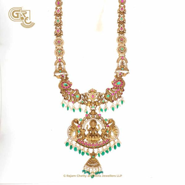 Antique Lakshmi Pendant Green Stone Floral Gold Plated Haram