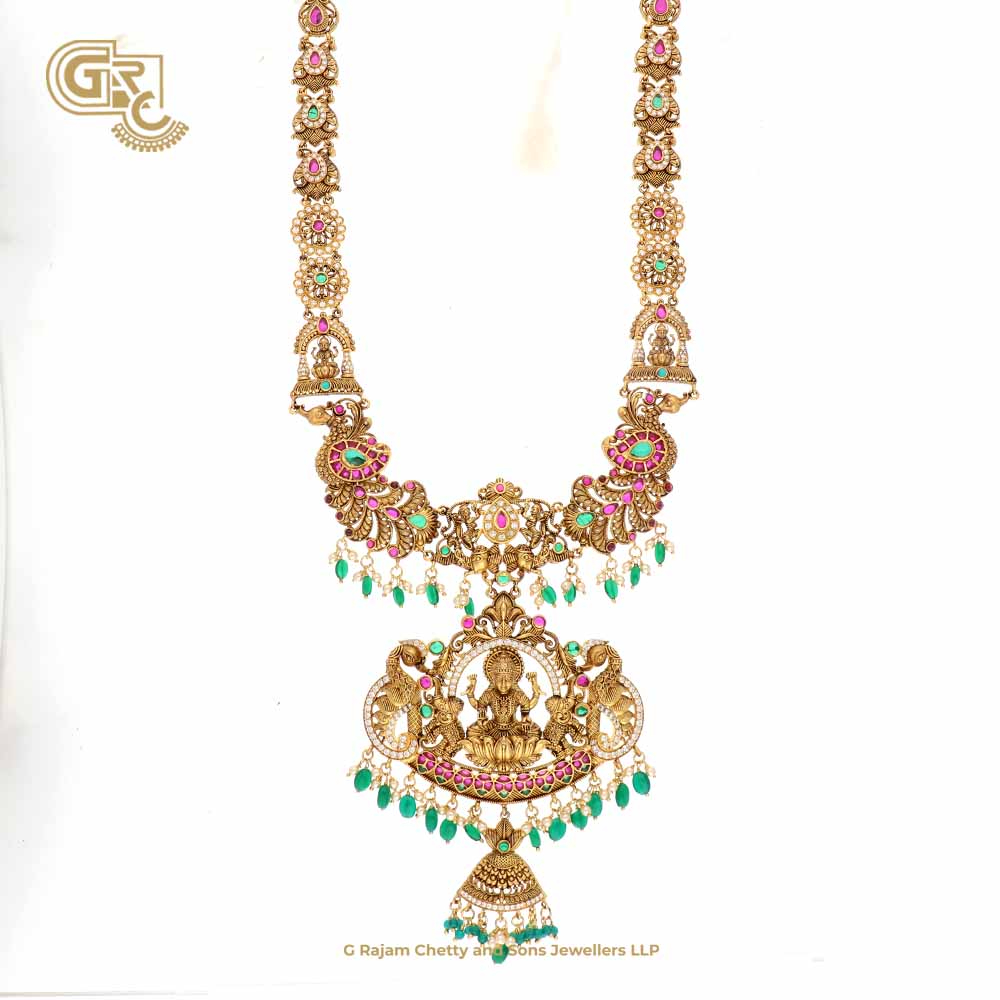 Antique Lakshmi Pendant Green Stone Floral Gold Plated Haram Antique Lakshmi Pendant Green Stone Floral Gold Plated Haram